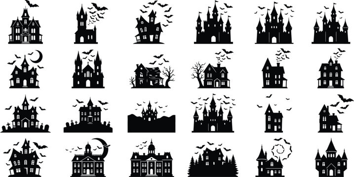 Halloween haunted houses collection silhouettes of spooky castles and mansions