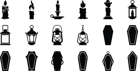 Halloween icons set with black silhouettes of candles lanterns and coffins on white background for spooky designs © Adib