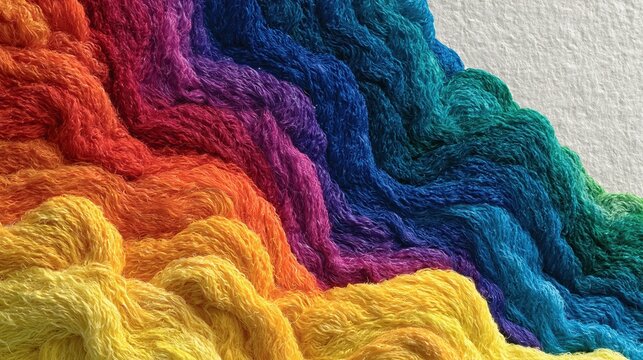 A vibrant gradient of colorful yarn threads arranged in undulating waves
