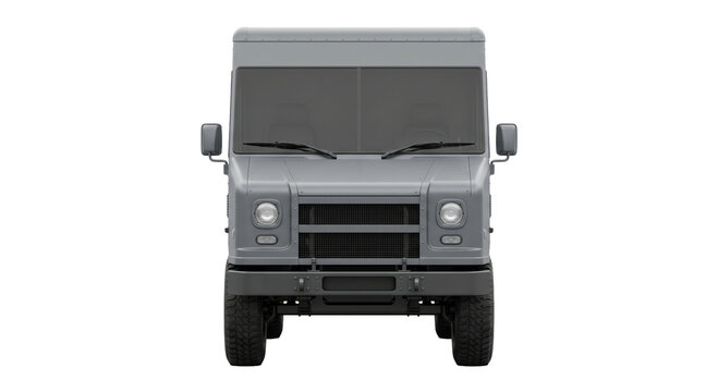 Front view of a modern gray delivery truck isolated on a white background