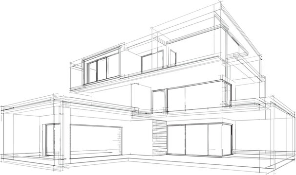 Abstract Architectural Modern House Wireframe, Residential Building Blueprint Perspective Sketch Vector Illustration for Architecture Design Concept