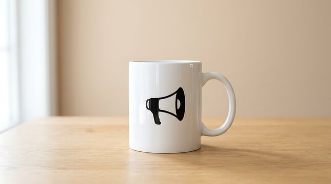 White ceramic mug with black megaphone on wooden table white mug black wooden table