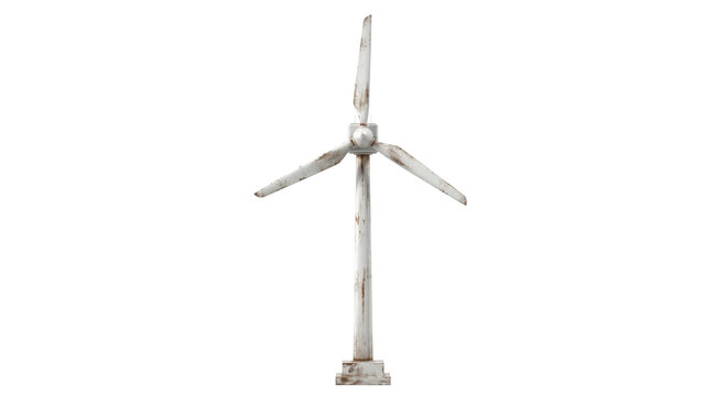 Old, weathered wind turbine with white blades and a rusty base on a white background