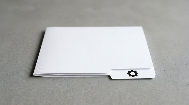 White folder with gear on tab gear tab gray background office supplies file folder