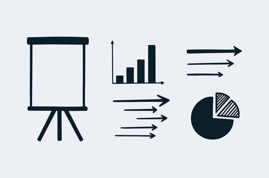 Hand-drawn business presentation icons set with flipchart, bar graph, pie chart and growth arrows.
