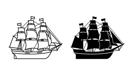 Tall Ship Icons: Two detailed illustrations of a majestic tall ship, one in outline and the other in silhouette, showcasing its intricate rigging and multiple sails, perfect for maritime themes. © abidakhatun