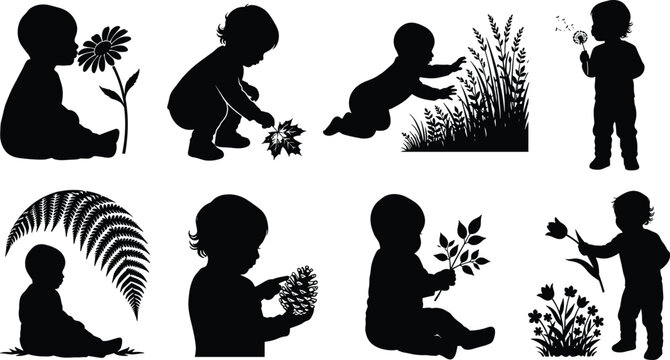 Set of black silhouettes of toddlers interacting with nature, flowers, and plants on white background