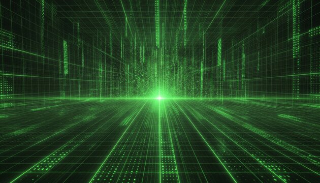 Abstract digital grid with glowing green data streams