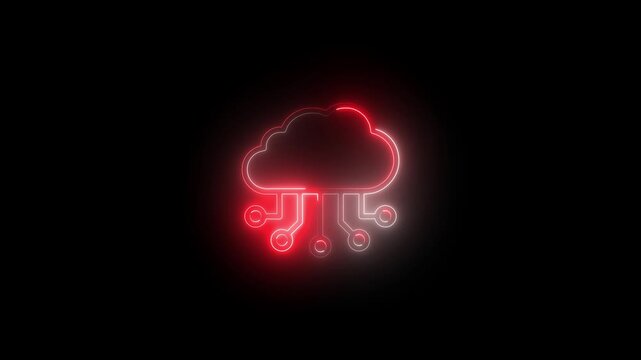 Neon red cloud computing with circuitry lines glowing on black background, technology digital