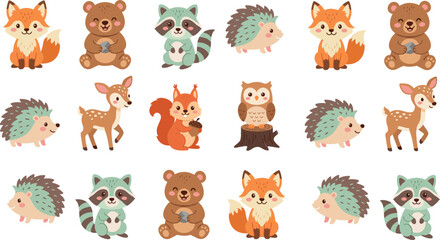 Obraz premium Cute Woodland Animals Vector Character Set Featuring Fox Bear Raccoon Hedgehog Deer Squirrel and Owl for Children Birthday Cards and Nursery Decor,