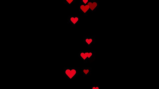 love hearts rising up, Valentine hearts floating animation on black background. Romantic red hearts flying up overlay 4k alpha channel. Valentine heart floating animation on transparent background. 