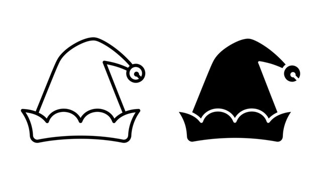 Elf Hat Icon Set: A simple line drawing and a solid silhouette of a whimsical elf hat, complete with a pom-pom and scalloped brim, representing festive celebration and fantasy.