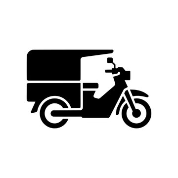 Motorcycle Sidecar Cart icon featuring a traditional Thai "Saleng" cargo vehicle used for delivery, transport, mobile vending, and local commerce. Premium black and white vector illustration ideal for
