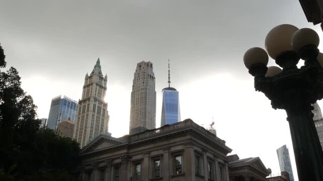 New York City Woolworth building 1913, skyscraper on Broadway in Downtown Financial District, Lower Manhattan, United States of America. Gothic historic architecture, cooper roof, World Trade Center.
