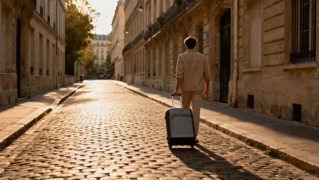 Traveller Walking with Suitcase Through Paris Streets