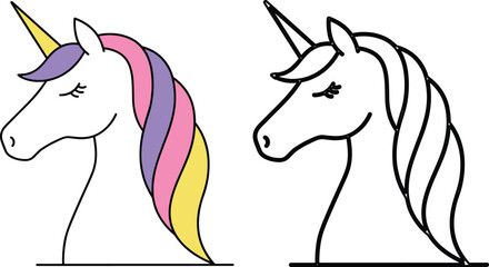 Colorful unicorn head and black outline coloring page vector illustration, cute magical horse with rainbow mane for kids artwork design © MST 