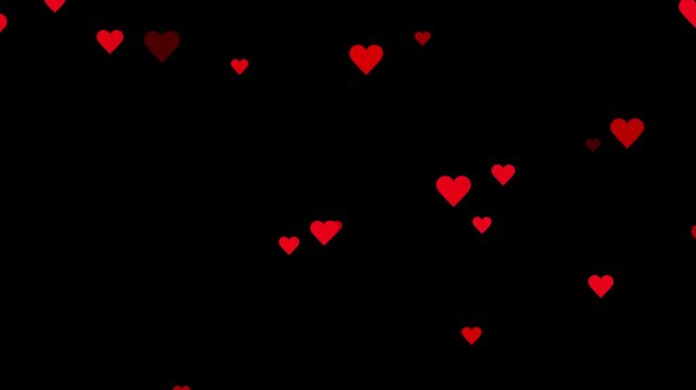 Romantic red hearts flying up overlay 4k alpha channel. Red heart icons animation. love hearts rising up, Pink and shiny heart particles flowing up on a dark background, loop animation.