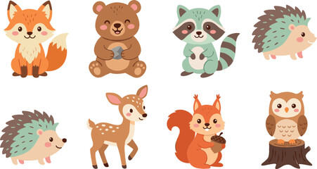 Obraz premium Cute Woodland Animals Vector Character Set Featuring Fox Bear Raccoon Hedgehog Deer Squirrel and Owl for Kids Educational Materials and Nursery Room Prints,