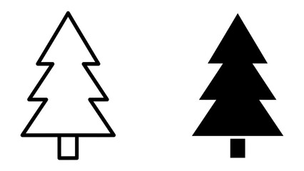 Fototapeta premium Pine Tree Icon: A simple graphic representation of a pine tree, presented in both outline and solid black silhouette forms, ideal for use in design and digital interfaces.