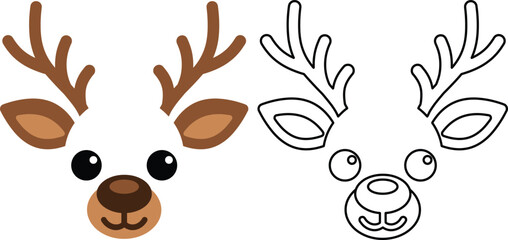 Cute reindeer head vector illustration, cartoon deer face, coloring page outline and colored version, winter animal icon design isolated clipart © MST 