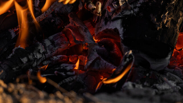 flame. burning branches and coals for cooking barbecue. picnic, summer vacation and holidays, leisure. fire, danger.