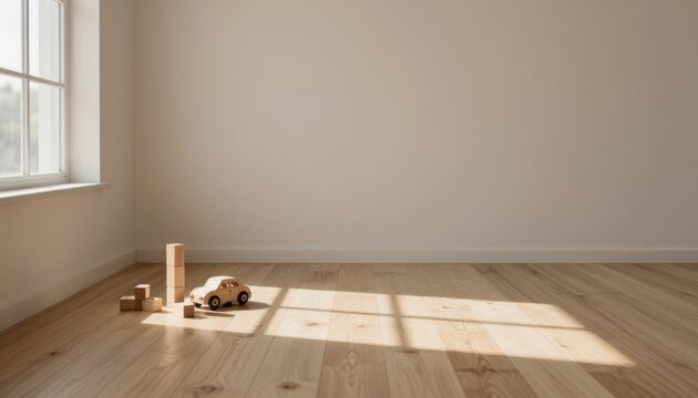 An empty room with sunlight, toy car, and wooden blocks