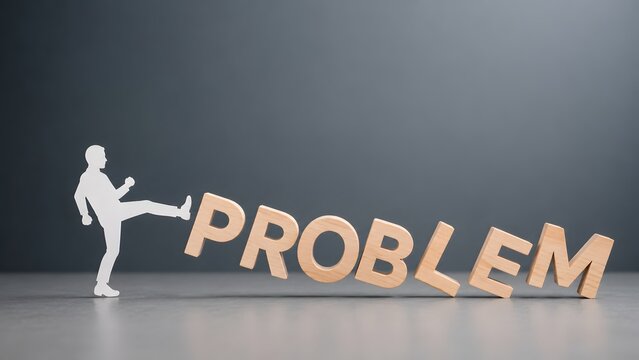 Problem solving and conflict resolution business concept showing white figure kicking and eliminating obstacle text