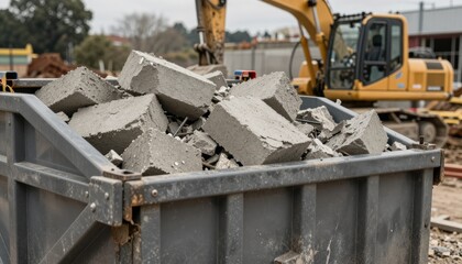 Fototapeta premium Broken concrete rubble in a metal dumpster on a construction site with heavy mac