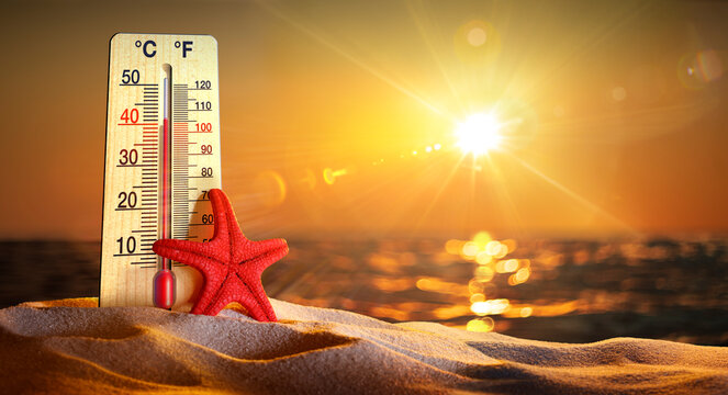 Thermometer On Sand - Heat Temperature - Warm Sun And Extreme Climate - contain Abstract Lens Flare Effects and 3d Rendering