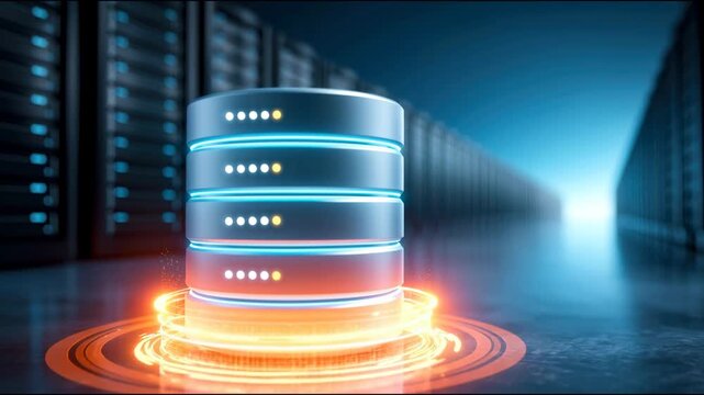 High tech server database storage rack and network technology futuristic data center with glowing cylindrical server stacks, neon lights