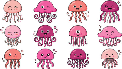 Cute jellyfish vector illustration set with cartoon pink sea animal characters showing different funny emotions bubbles and marine elements © Mdjony