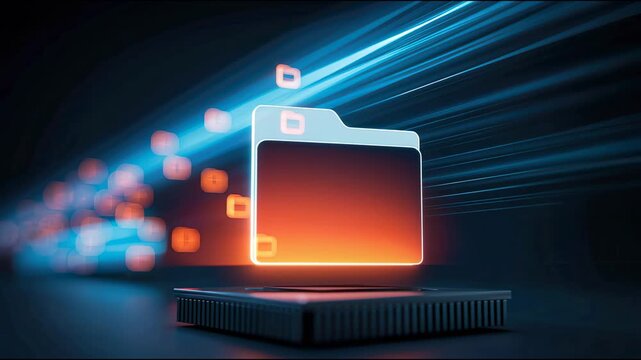 Neon folder icon glowing over microprocessor with dynamic data stream and floating file symbols, glowing folder icon processor platform with