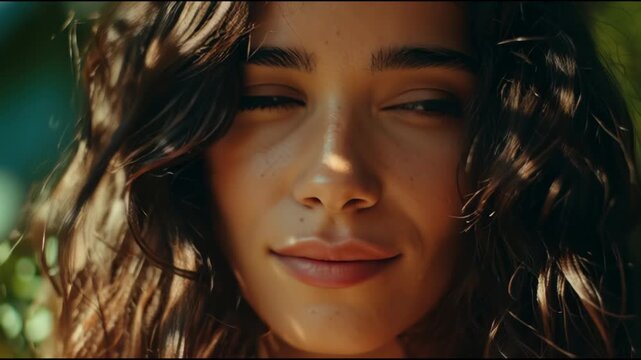 Portrait of a young woman with curly hair in natural sunlight.