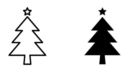 Fototapeta premium Christmas Tree Icons: Simple outline and silhouette icons of a festive Christmas tree, complete with a star topper, representing holiday cheer and seasonal celebrations.