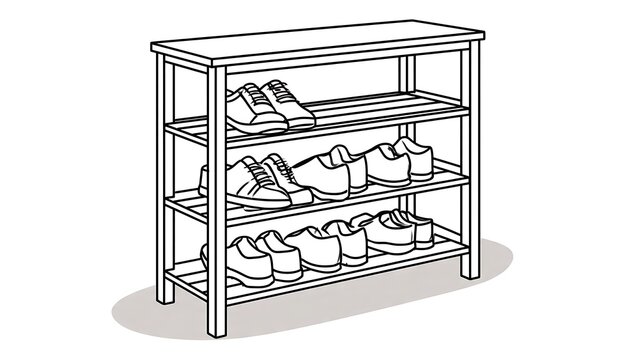 Shoe rack with sneakers on white background.