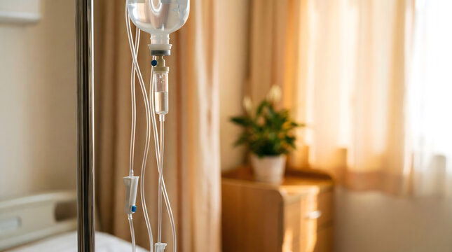 Close up of intravenous drip stand and infusion equipment in hospital ward