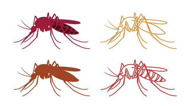 Mosquito insect pest control vector icon set. Wings, stingers, linear outlines, silhouettes, dengue virus and malaria disease warning symbols.