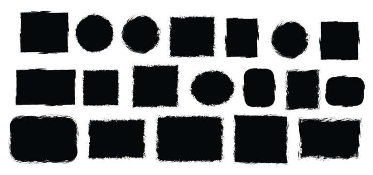 Grunge brush template set with rectangular, square and round shapes.  Ink pen rectangles squares circles ovals collection. black ink brush. 