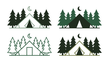 Camping tent in pine forest vector icon set. Pine trees, crescent moon, night camp, silhouettes, linear outlines and outdoor adventure travel logos. © Creative Studio 