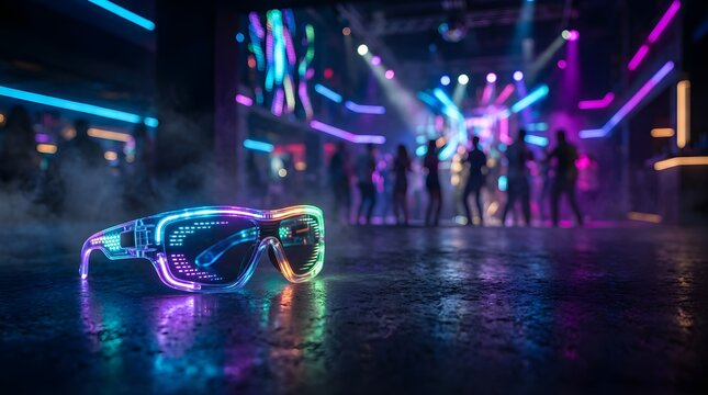 Glowing LED glasses on nightclub dance floor with blurred people dancing
