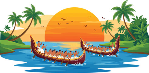 Traditional Kerala Snake Boat Race Vector Illustration with Rowers Racing on Backwaters at Sunset for Vallam Kali Onam Festival Tourism Designs © BijoyChandra