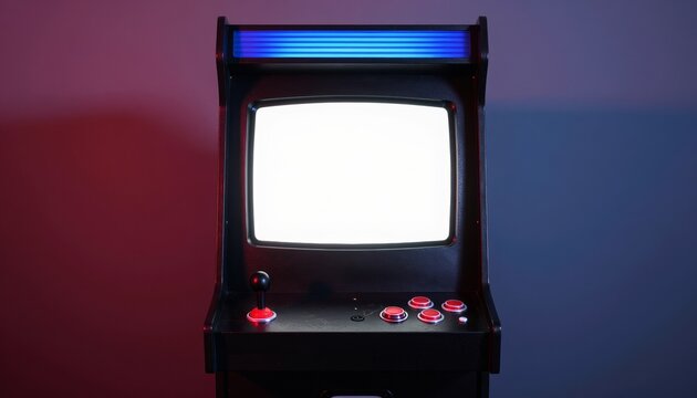 Classic arcade cabinet with red joysticks and buttons