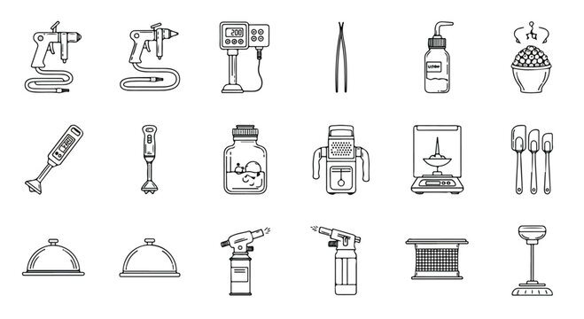 Set of hand drawn laboratory and scientific research equipment icons.