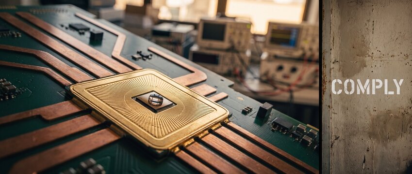 Microprocessors circuit board technology assembly lying in electronics laboratory next to concrete wall with comply text message representing regulatory hardware standards and security compliance