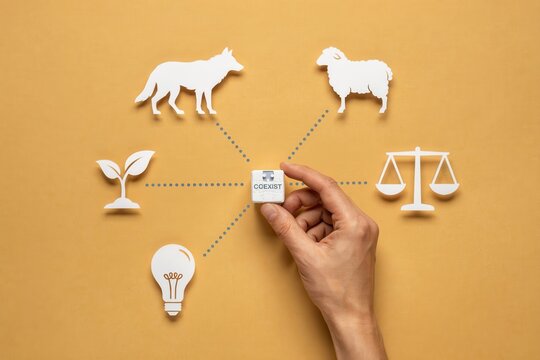 A hand holds a balance concept connecting wolf, sheep, scales, plant, and light bulb.