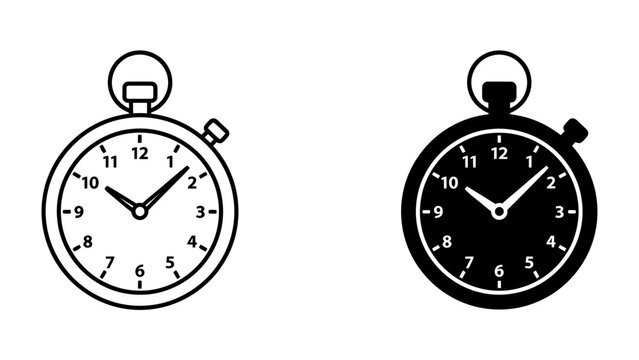 Stopwatch Icons: Two minimalist stopwatch icons, one in outline and one in solid black, represent the concept of time and measurement.