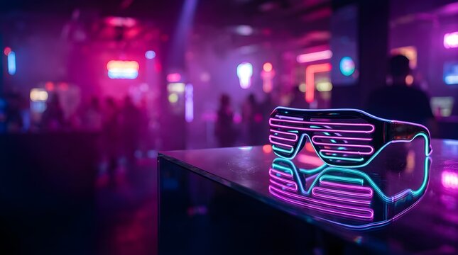 Glowing shutter glasses resting on a surface in a blurred nightclub scene