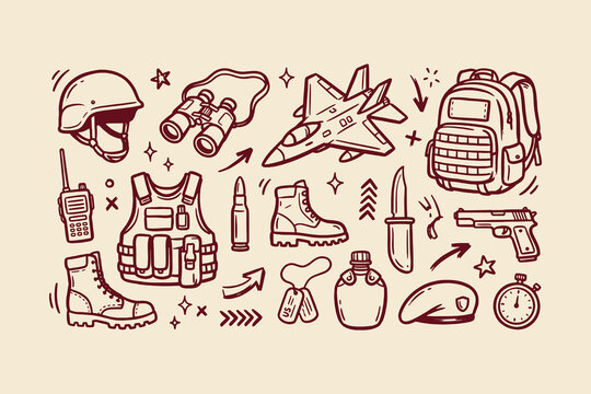 Set of hand drawn military gear and army equipment doodle icons on a simple light background Vector, illustration
