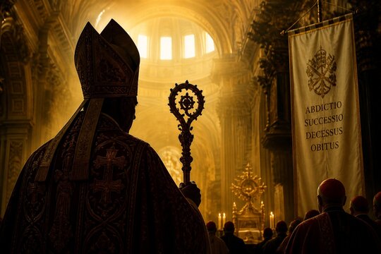 Religious leader holding crozier during ceremony inside cathedral