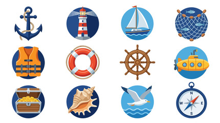 Creative Set of 12 Vibrant Nautical Themed Icons Featuring Anchor Lighthouse Sailboat Fishing Net Life Vest Buoy Ship Wheel Submarine Treasure Chest Seashell Seagull Compass © su